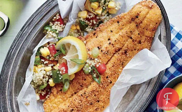 Peixe-Gato polvilhado com farinha de milho com Sauté de Quinoa