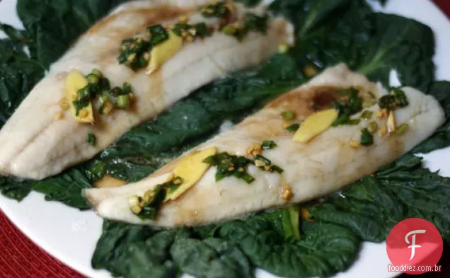 Walleye cozido no vapor com Tatsoi, gengibre e cebolinha