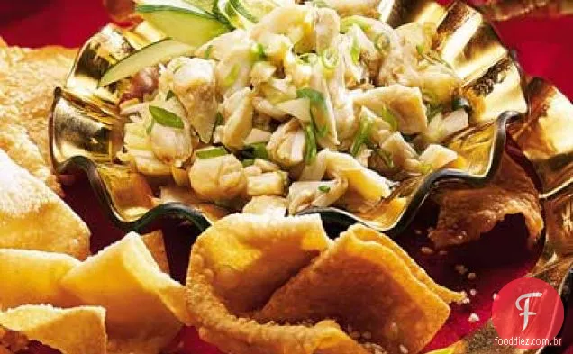Salsa picante de Caranguejo e gengibre com Wontons de gergelim