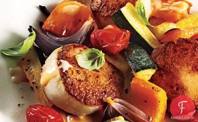 Vieiras grelhadas com legumes de Verão e Beurre Blanc