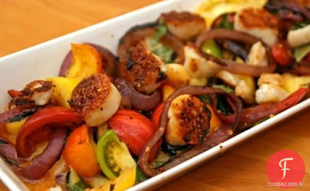 Jantar esta noite: Vieiras do mar alla Caprese