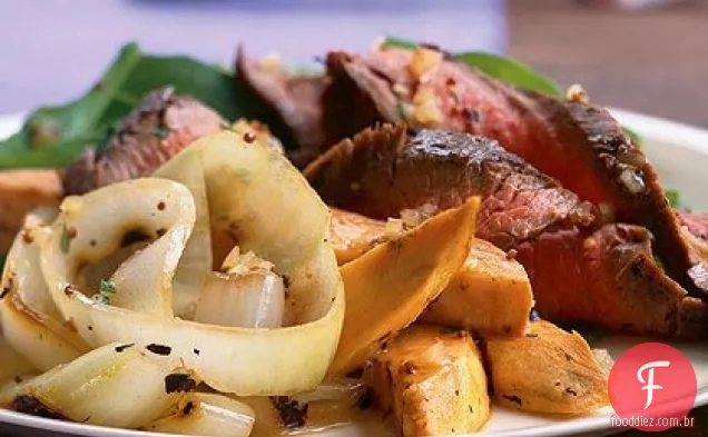 Salada de cebola grelhada, Carne e batata-doce
