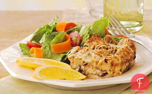 Pudim de pão de cogumelo Fontina e Parmesão