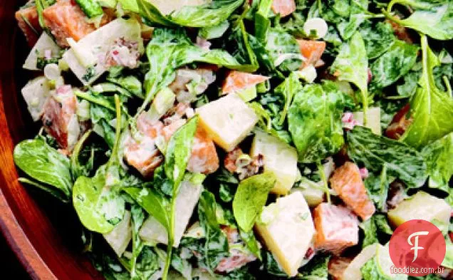 Salada de duas batatas com mostarda crioula, Bacon e rúcula