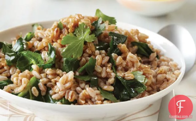 Farro torrado com verdes e Tahini