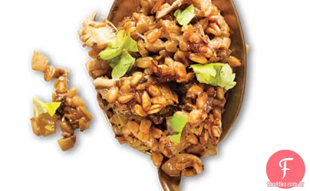 Farro, cebola caramelizada e recheio de cogumelos selvagens