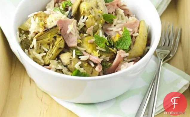 Presunto, alcachofra e limão pilaf