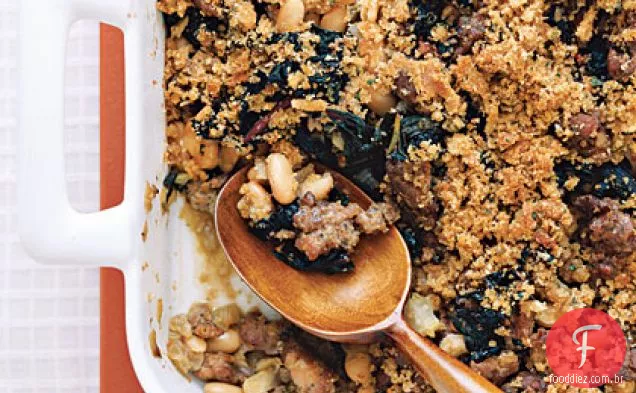 Feijão Cannellini e gratinado de salsicha