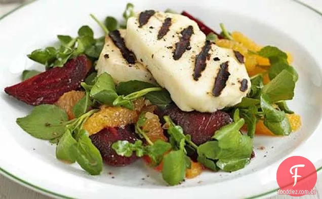 Halloumi grelhado com beterraba e laranja