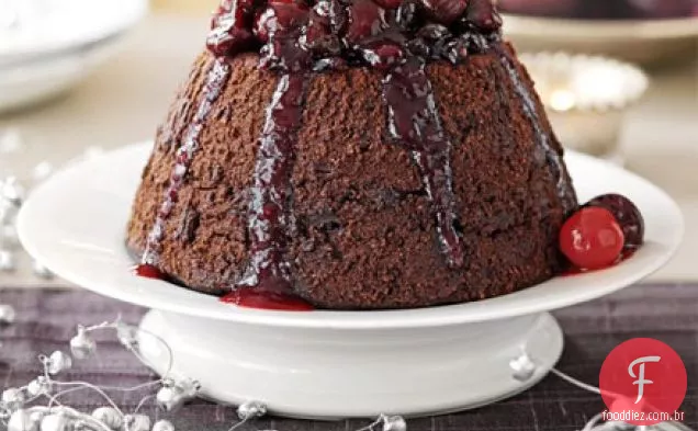 Pudim de Chocolate com xarope de baga temperado