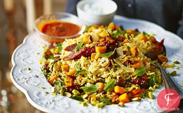 Pilaf dourado com merguez escaldante