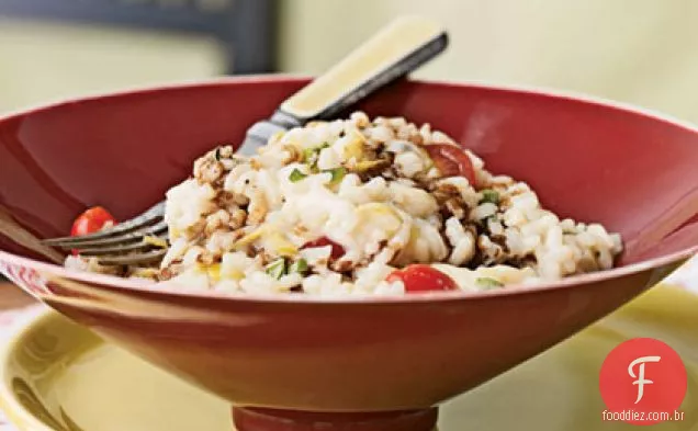 Risoto com mussarela fresca, Tomate Uva e manjericão