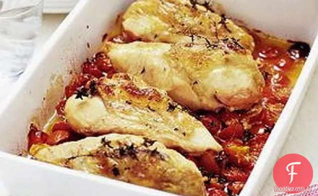 Frango, queijo de cabra e tomate cereja assar