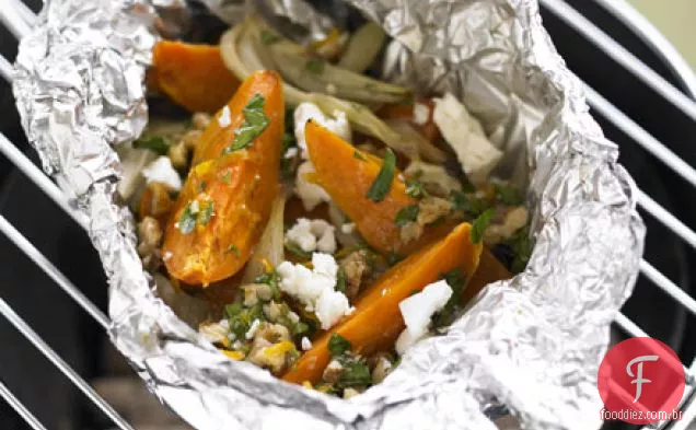 Hot dressed sweet potato, funcho & feta parcelas