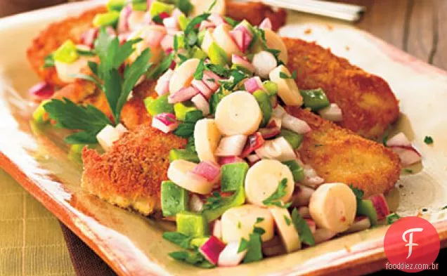 Frango crocante com corações de salada de Palma