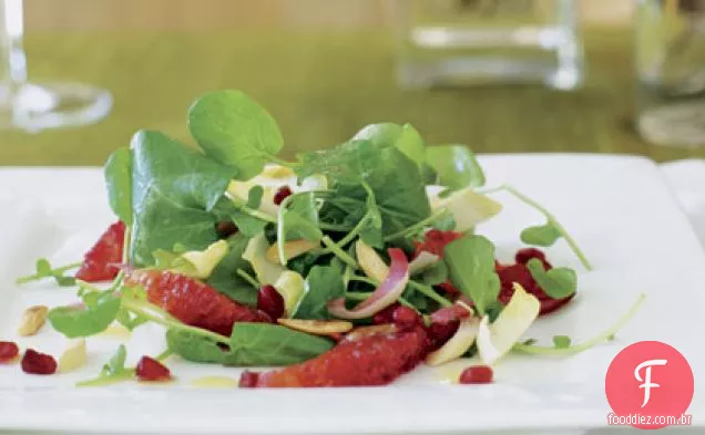 Salada Endive de agrião com laranjas de sangue e romãs