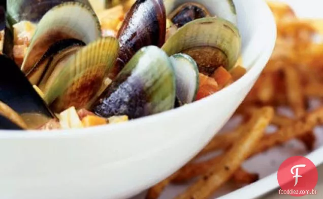 Mexilhões curry com Frites do forno