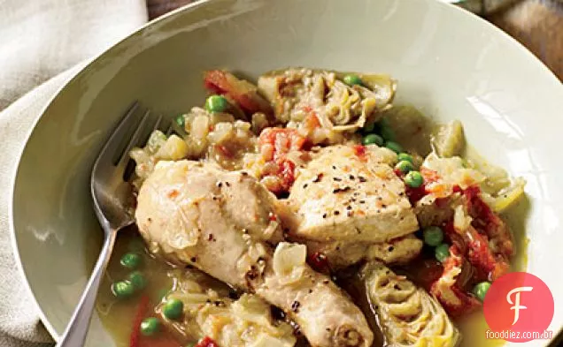 Tagine de frango com corações de Alcachofra e ervilhas