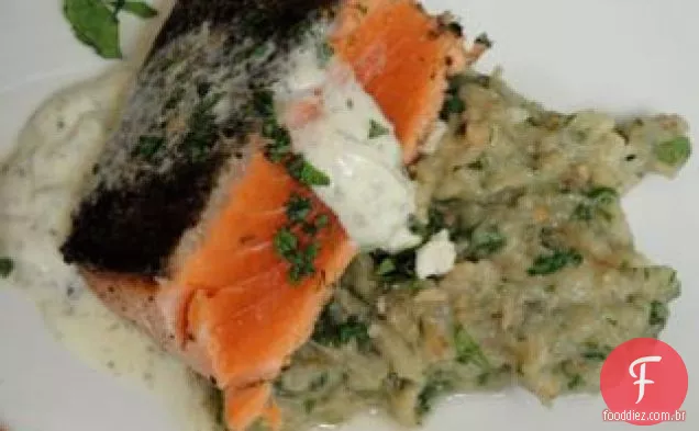 Za'atar salmão perfumado e berinjela