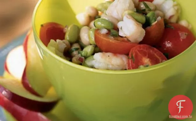 Salada de Edamame e feijão com camarão e Salsa fresca