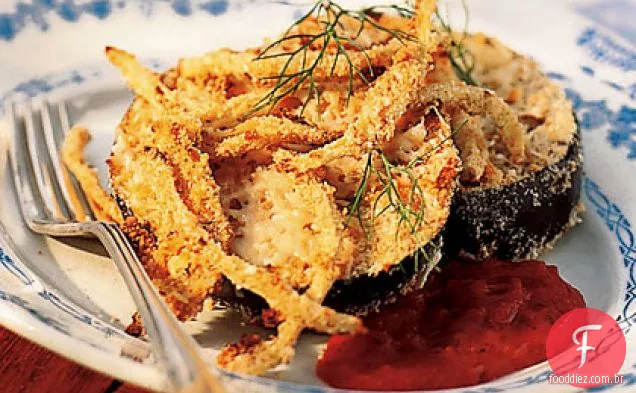 Berinjela com crosta de forno e Parmesão de erva-doce