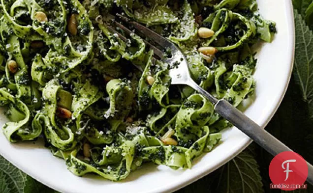 Tagliatelle com molho de urtiga e pinhão