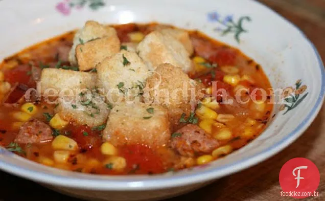 Salsicha Cajun picante e sopa de milho