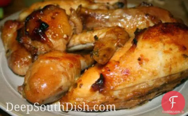 Frango assado com mel laranja, alho e esmalte de gengibre