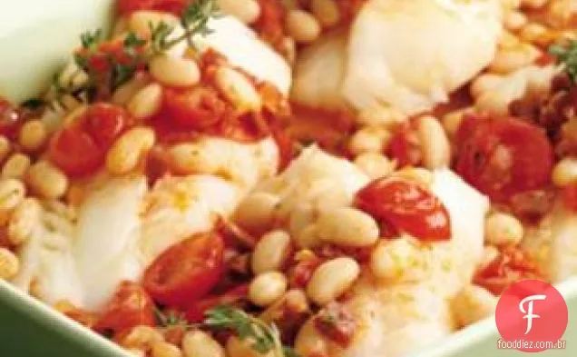 Bacalhau assado com chouriço e Feijão Branco