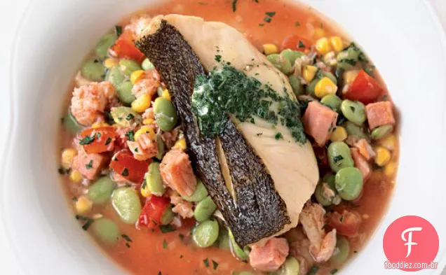 Bacalhau crocante com feijão, Caranguejo e milho