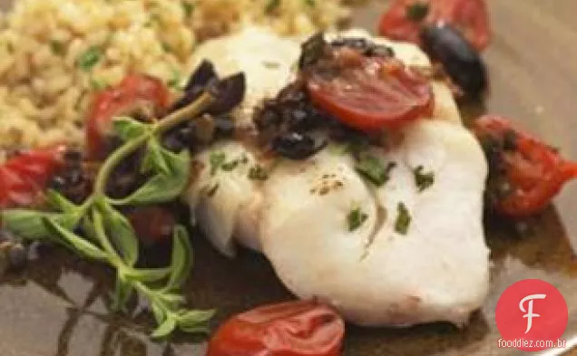Bacalhau assado com tomate quente-Tapenade de azeitona-alcaparra