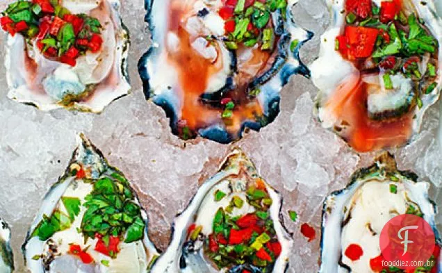 Ostras na meia concha com Chile, coentro e Salsa de limão Meyer