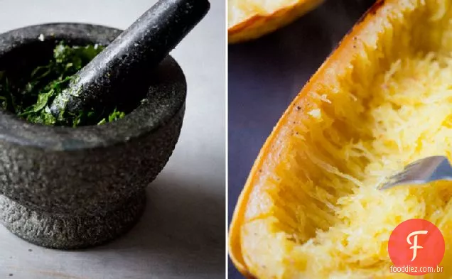 Spaghetti Squash Com Lentilhas Beluga, Pesto De Salsa E Shiitake