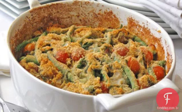 Manjericão e feijão verde gratinado