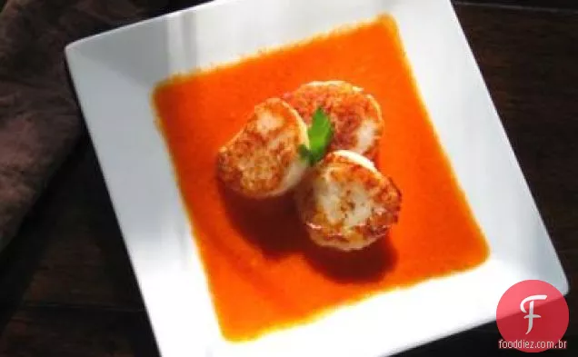 Pan grelhado vieiras com molho de açafrão-tomate