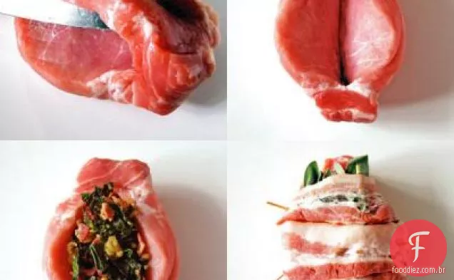 Costeleta de lombo de porco recheada com acelga, Bacon, sálvia e molho Chianti