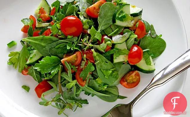 Salada picante de beldroega, tomate, pepino, hortelã e salsa