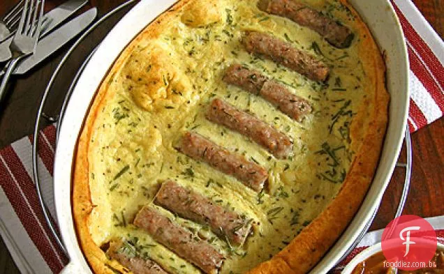 Toad-in-the-Hole com molho de cebola e tomate cereja