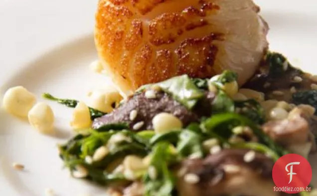 Vieiras marinhas jumbo com rúcula murcha, milho, salada Shiitake e vinagrete de gengibre de soja