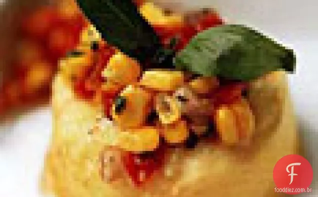 Flans de milho doce com sabor de tomate e milho