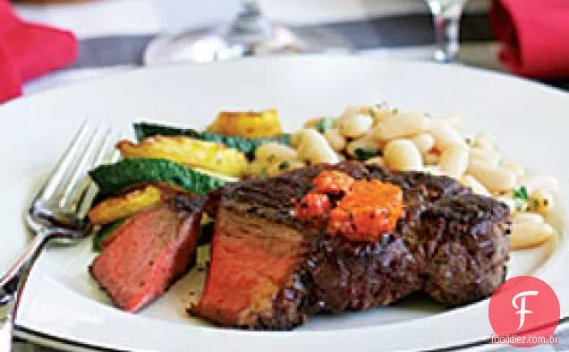 Bife de Tira de Nova York com pimenta doce-manteiga de chouriço