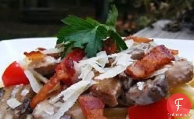 Penne com Pancetta e cogumelos