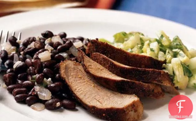 Cominho-carne de porco temperada com abacate-Tomatillo Salsa