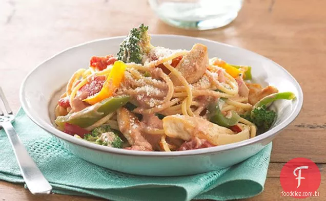 Tomate cremoso e espaguete de frango