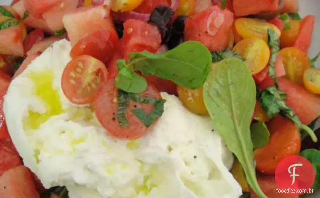 Cozinhe o livro: tomates de herança marinados com gengibre Com Melancia, Burrata e rúcula picante