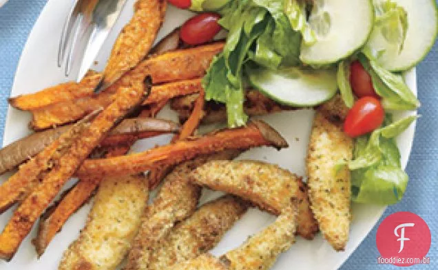 Peixe assado no forno e batatas fritas