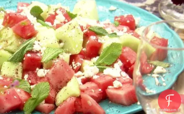 Espetos de melancia, Feta e hortelã com Sumac