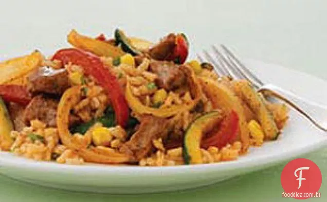 Carne de porco mexicana com arroz vegetal
