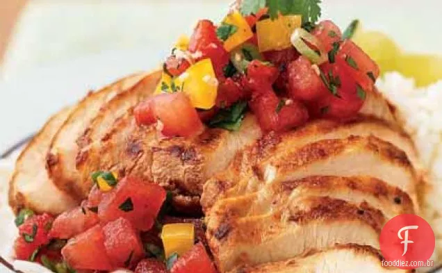 Frango de gergelim-Chile com salsa de melancia Gengrada
