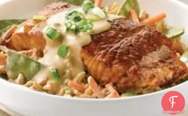 Arroz vegetal cremoso com salmão Teriyaki
